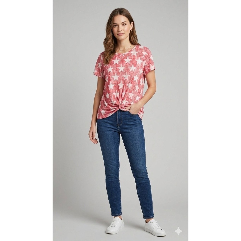 Christopher & Banks Red White Star Print Twist Front Tee Shirt Top XL